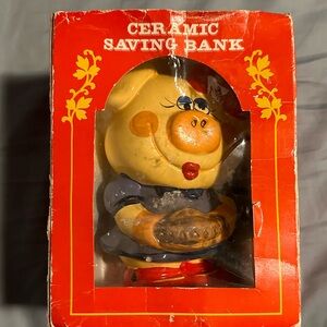 Vintage Enesco Ceramic Anthropomorphic Girl Pig Piggy Bank Still Pie Ribbon 6.5"